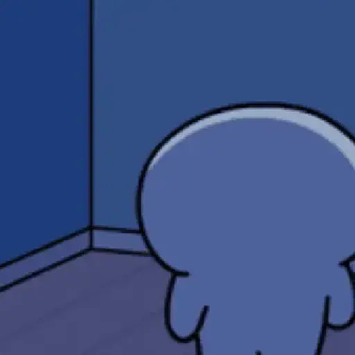 Figurinha: Personagem azul se virando e sorrindo