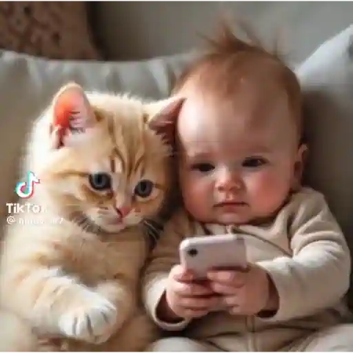 Figurinha: Bebê e Gatinho Rindo Muito