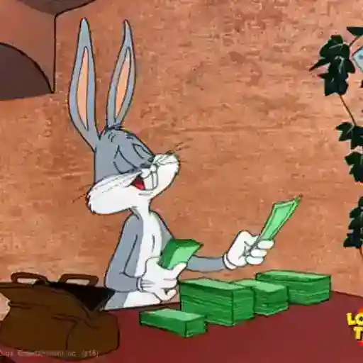 Figurinha: Coelho Pernalonga contando dinheiro