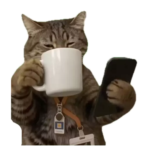 Figurinha: Gato bebendo café e olhando o celular