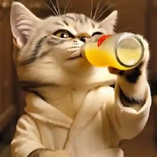 Figurinha: Gato de roupão bebendo suco