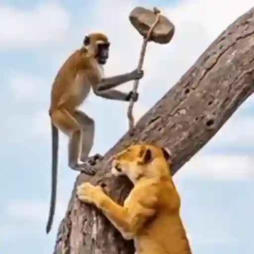 Figurinha: Macaco ataca leoa com pedra
