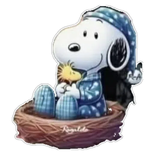 Figurinha: Snoopy dorme abraçado no Woodstock