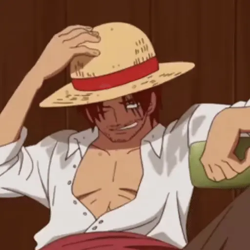 Figurinha: Shanks rindo e pega o chapéu