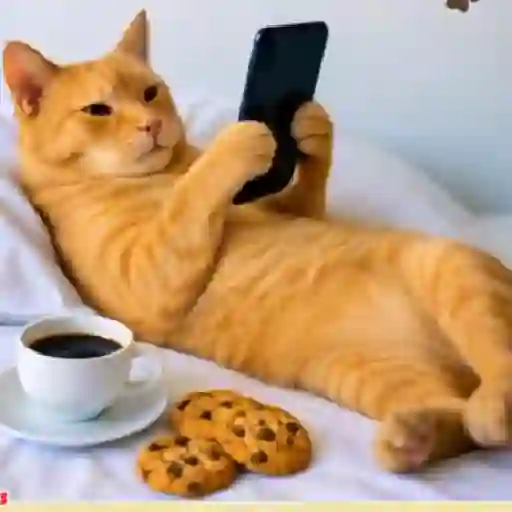 Figurinha: Gato Relaxa com Café e Biscoitos