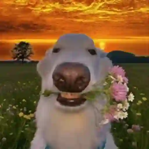 Figurinha: Cachorro com flores no pôr do sol