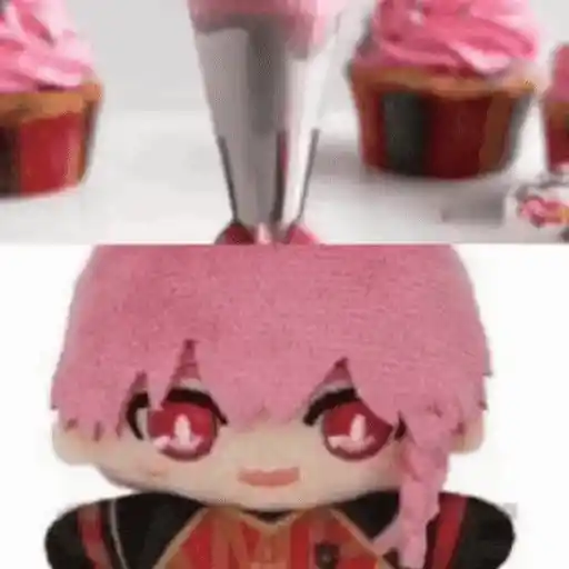 Figurinha: Pelúcia de anime decorando cupcake