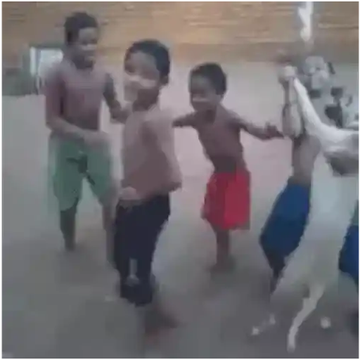 Figurinha: Crianças brincando com cachorro