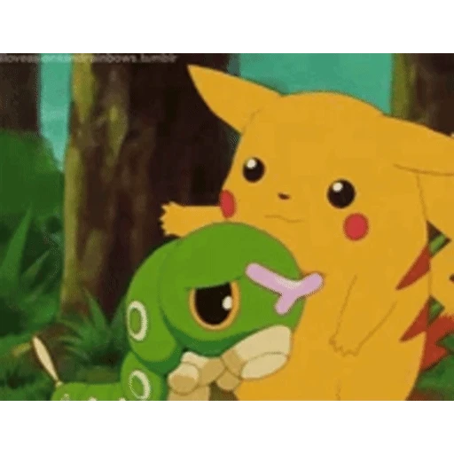 Figurinha: Pikachu abraçando Caterpie